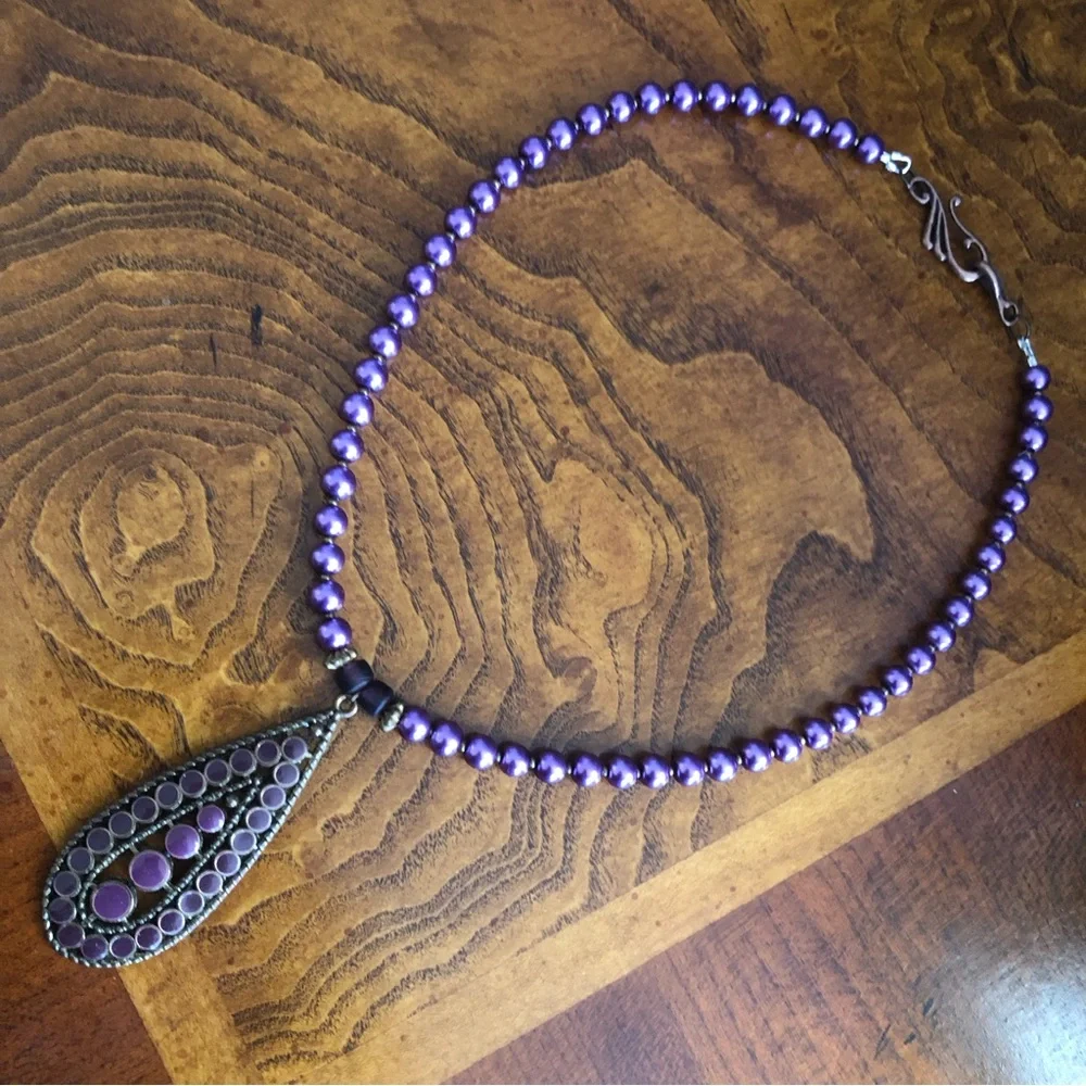Handcrafted repurpose purple enamel raindrop pendant Czech glass Pearl necklace